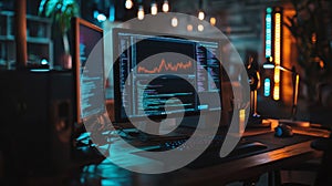 Tech workspace with dual monitors displaying coding and data analysis