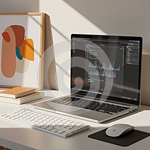 A modern workspace featuring a laptop displaying data analytics software with