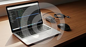 Coding Workspace: Laptop with Code, Mouse, and Charger