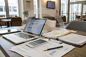 Workspace area with laptop, tablet, smartphone, and paperwork