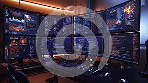 Modern workspace featuring multiple computer monitors displaying code and data visualization