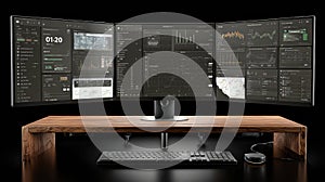 Modern Workspace Featuring Multiple Monitors Displaying Data Analytics and Dashboard Metrics in a Sleek, Minimalist