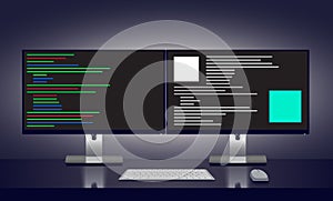 Dual Monitors Displaying Code and Data Analysis