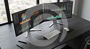Modern workspace featuring two large computer monitors displaying colorful data
