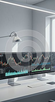 Modern workspace featuring two large computer monitors displaying financial graph