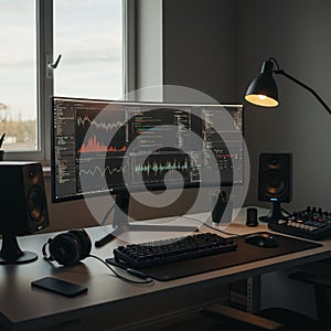 Modern workspace featuring a wide curved monitor displaying data analytics and