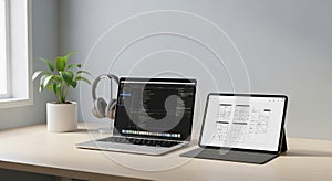 Modern workspace featuring a wooden desk