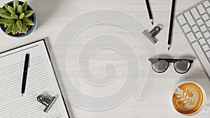 Modern Workspace Flat Lay with Accessories and Coffee 3D Render