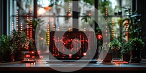 Modern workspace with laptop displaying data analytics visualization surrounded by plants and natural light