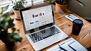 Modern workspace with laptop displaying data charts and graphs