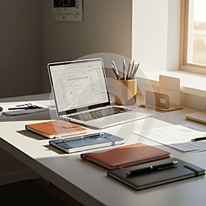 Modern workspace with a laptop displaying a search engine on a white desk.