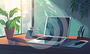 Modern workspace with laptop, smartphone, coffee cup, and plant in bright sunlight
