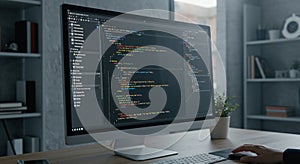 A modern workspace with a large monitor displaying a coding interface. The screen