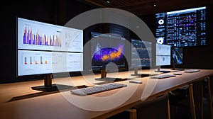 A modern workspace with multiple computer monitors displaying data visualizations and graphs. The setting is sleek and high-tech,