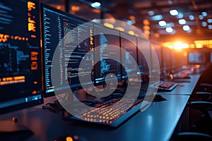 Modern workspace with multiple computer screens displaying code in an ur