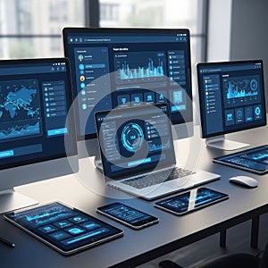 Modern workspace with multiple devices displaying data