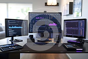 A modern workspace with multiple devices showing ad performance metrics.