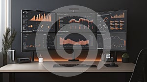 A modern workspace with multiple monitors displaying data visualizations and analytics
