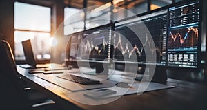 Modern workspace with multiple monitors displaying financial charts