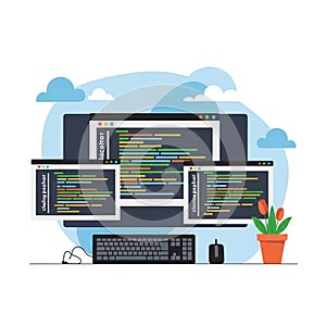 Modern workspace with multiple screens displaying programming code and development tools