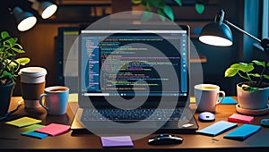Modern Workspace with Programming Code on a Laptop