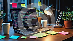 Modern Workspace with Programming Code on a Laptop