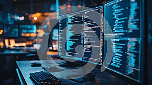Modern Workspace with Programming Code on Multiple Monitors