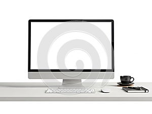 Modern workspace setup with computer and coffee