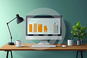 Modern workspace setup with desktop computer and professional dashboard display
