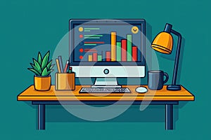 Modern workspace setup with desktop computer and professional dashboard display