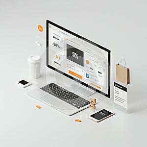 A modern workspace setup featuring a desktop computer displaying an online