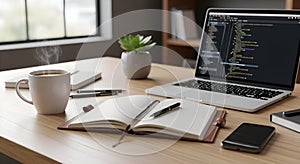 Coding Workspace with Coffee and Notebook