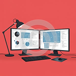 A modern workspace setup featuring two computer monitors displaying analytical