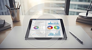 Business Data Analytics Graphs on Tablet Screen, Modern Office Background, Copy Space.