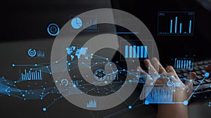 Modern Data Analysis Concept with Digital Interface Displaying Statistical Charts and Graphs on Laptop Screen with User