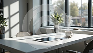 Modern Workspace Tablet, Coffee, and Sunlight