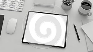 Modern Workspace with Tablet, Keyboard, Coffee, and Succulent