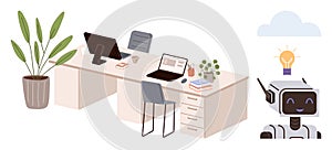 Modern Workspace with Technology, Robotics, and Innovation Elements in Minimalist Design