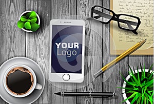 Modern workspace vector set with stationery