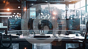 Modern Workstation with Multiple Monitors Displaying Code A modern workstation featuring multiple monitors displaying lines of
