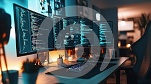 A Modern Workstation with Multiple Monitors Displaying Code