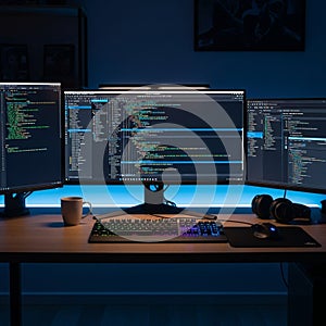 Modern Workstation with Three Monitors Displaying Code in Dark Environment