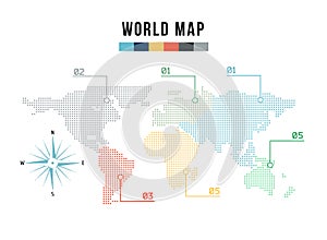 Modern world map for infographics in the style of halfton. Wind rose vector. photo