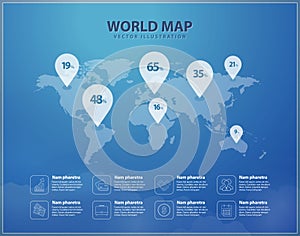 Modern world map with pins graphic design. Vector infographic