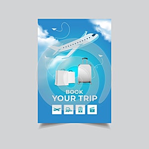 Modern World tourism business flyer design template. Book your trip business flyer design background. Blue sky Business flyer