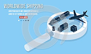 Modern world wide international shipping business isometric concept with export, import, warehouse business, transport. Vector