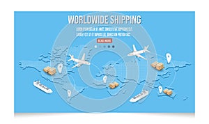 Modern world wide international shipping business isometric concept with export, import, warehouse business, transport. Vector