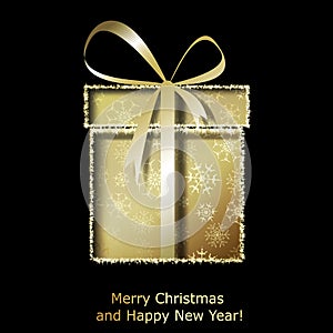 Modern Xmas greeting card with golden Christmas gift box