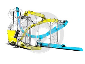 Modern yellow and blue water slides rides for the water park 3d