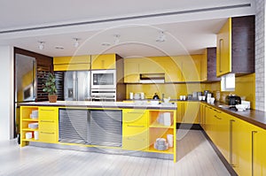 Modern yellow color kitchen interior.